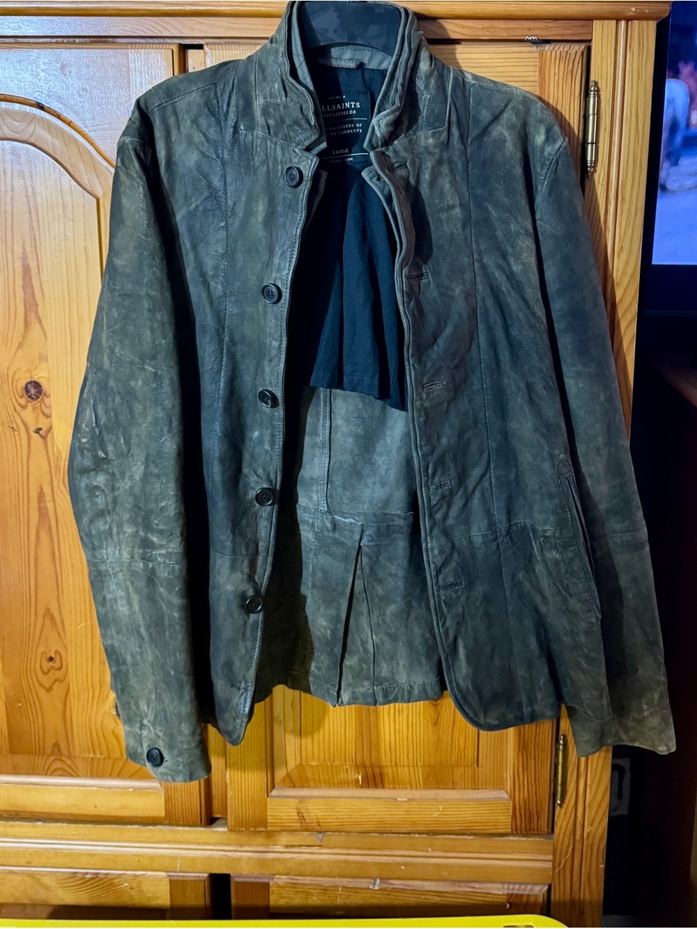 AllSaints Men's Distressed Dark Gray Leather blazer Jacket